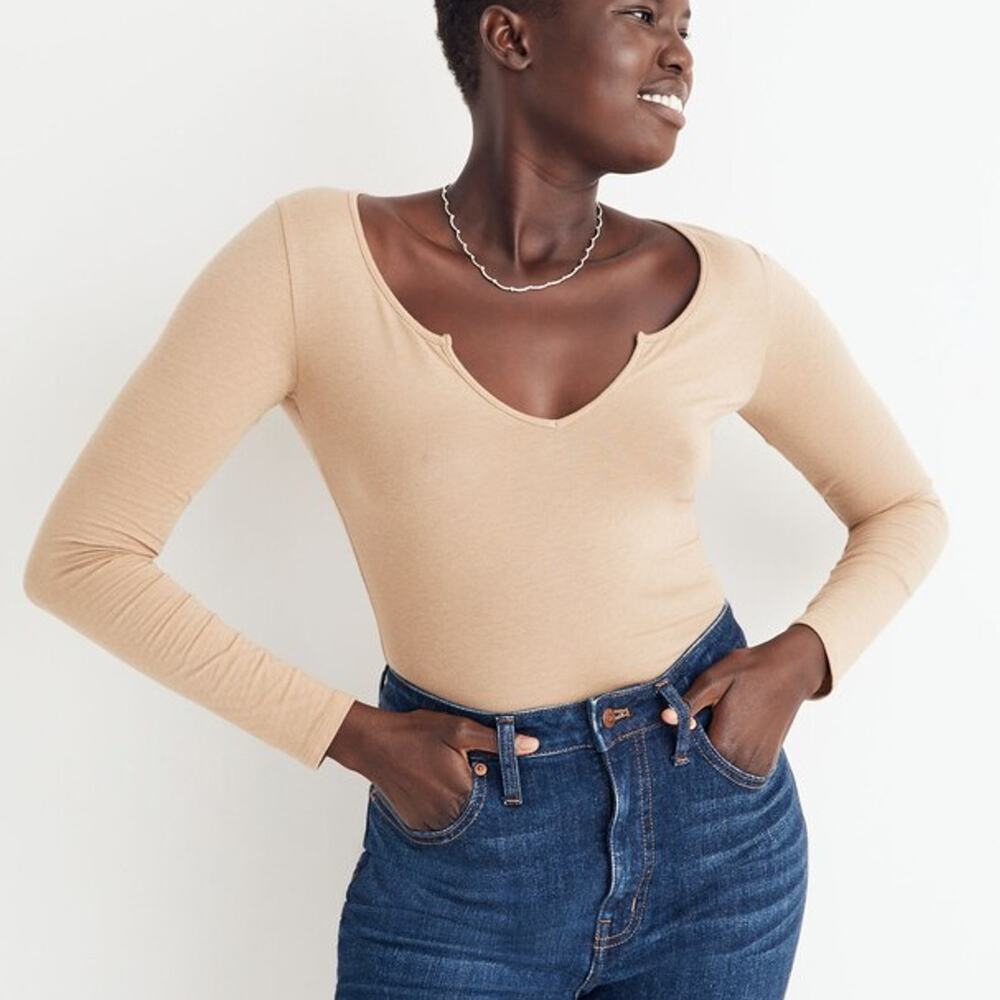 Madewell Pointelle Split-Neck Long Sleeve Thong Bodysuit Tan XS